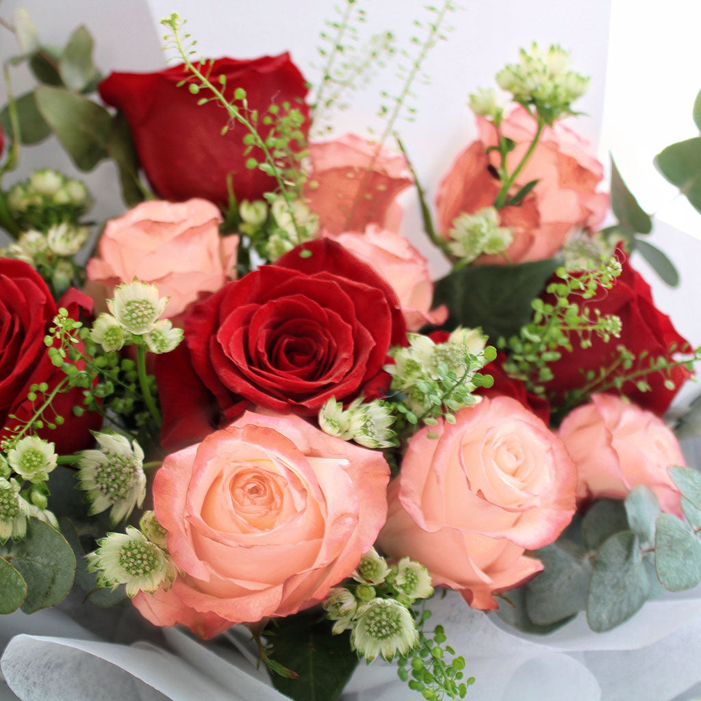 Bouquet of freedom roses kahala roses and astrantias with thlaspi and spiral eucalyptus greeneries.