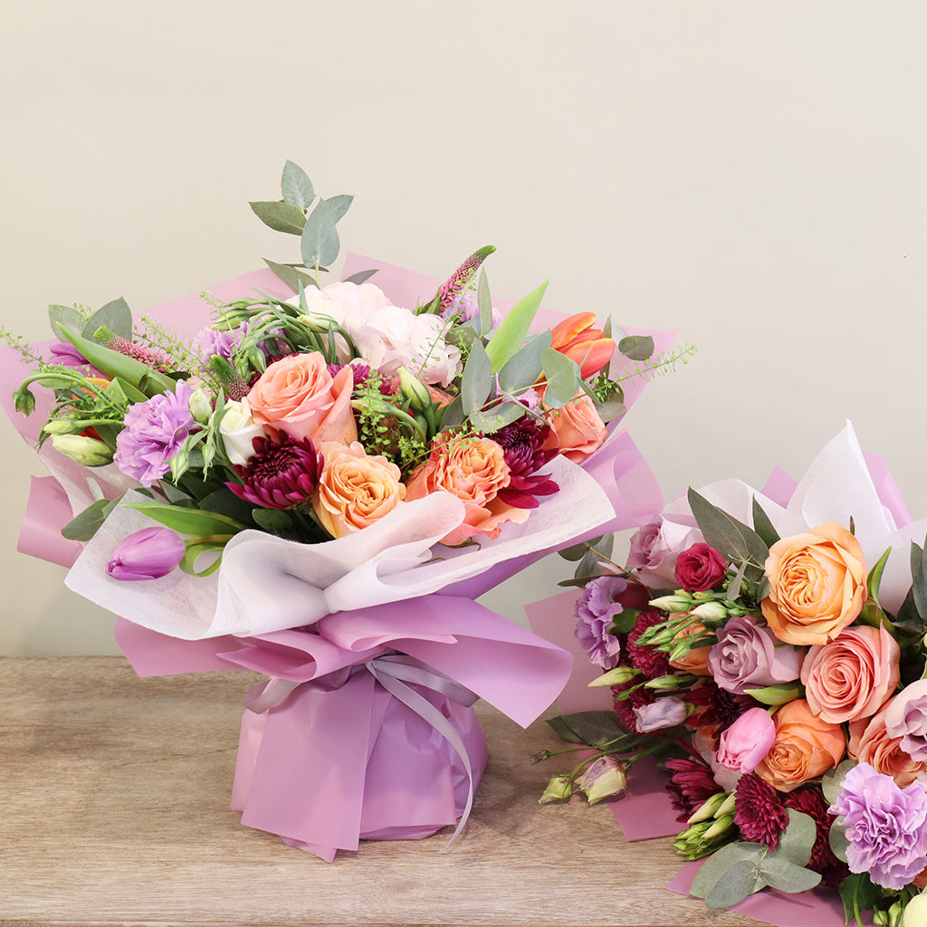 Batch of Hydrangeas, Kahala Roses, Lisianthus, Chrysanthemums, Tulips and Green Bells with Eucalyptus greeneries.