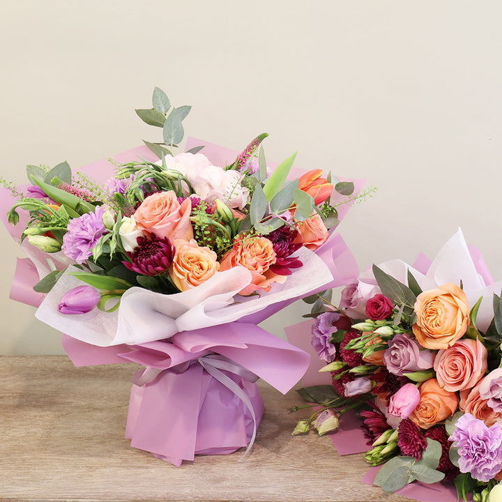 Batch of Hydrangeas, Kahala Roses, Lisianthus, Chrysanthemums, Tulips and Green Bells with Eucalyptus greeneries.