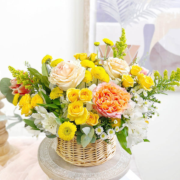 Batch of Free Spirit Roses, Pearl Finesse Roses, Yellow Spray Roses, Yellow Pompoms, Alstroemeria, and Tulips with Eucalyptus greeneries.